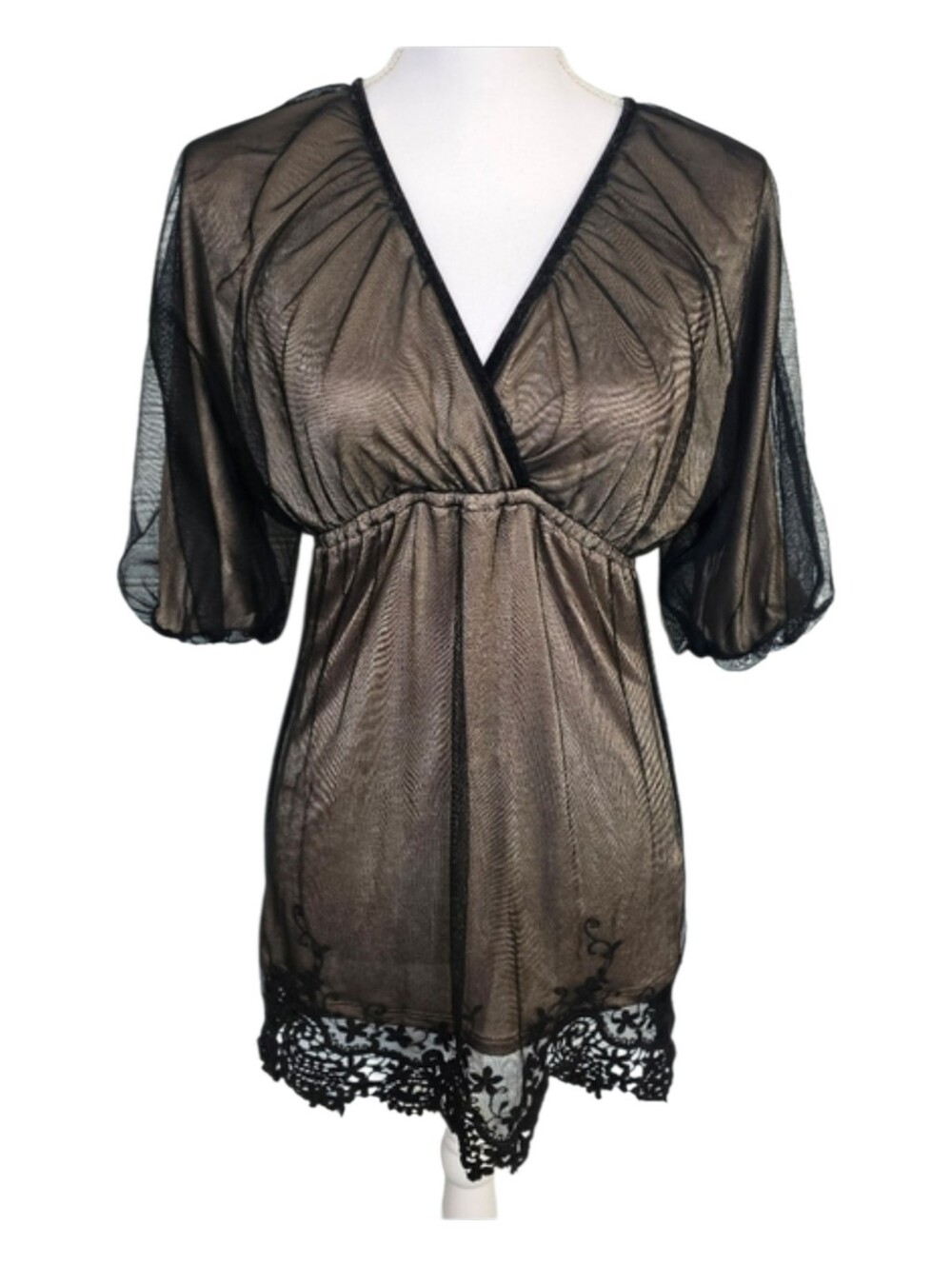 YAHADA Silky Black Beige Babydoll Slip Dress Nightgown Women's Size S